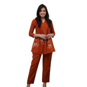 ON THE GO MART Women's Cotton Rose Printed Short Anarkali Kurta with Pant Cord Set (Orange-L)