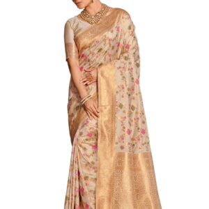 Astita Banarasi Silk Saree with Golden Zari Floral Weaving | Soft Lightweight Traditional Saree for Women | Perfect for Festive Occasions, Gifting & Celebrations (White)