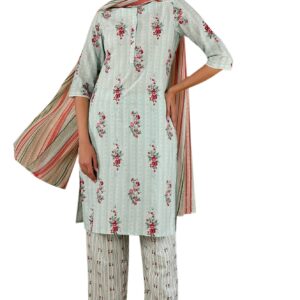 W Women's Light Green Floral Printed Cotton Kurta Dupatta Bottomwear with Lace