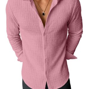 Men's Casual Button Down Shirts Long Sleeve Linen Shirt Fashion Textured Beach Summer Shirts| Men Stylish Shirt | Men Fancy (in, Alpha, XL, Regular, New Pink Jeel)